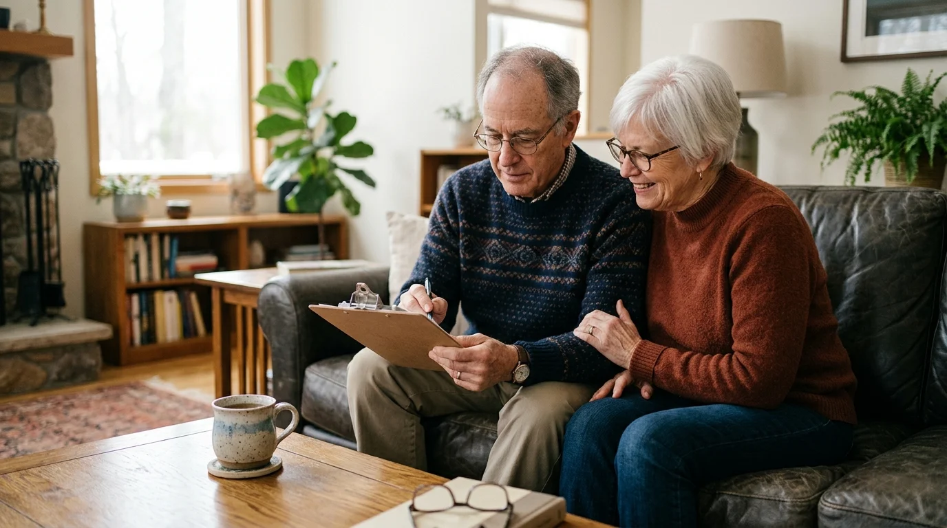 A retired couple sitting together on a living room couch, collaboratively reviewing an official Form SSA-44 document.