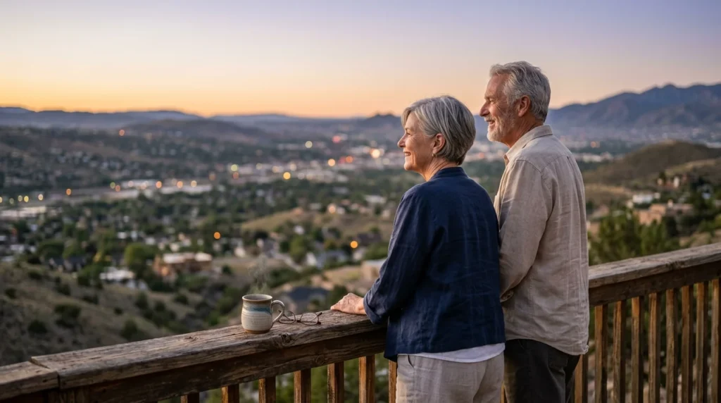 A retired couple standing on a wooden deck at twilight, looking out over a beautiful city valley.