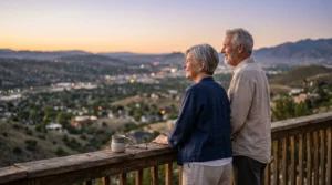 A retired couple standing on a wooden deck at twilight, looking out over a beautiful city valley.