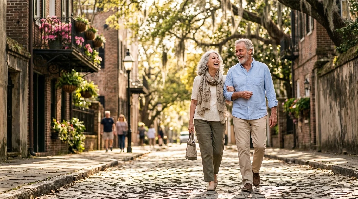A retired couple walks happily down a sunlit, historic cobblestone street lined with blooming pink azaleas.