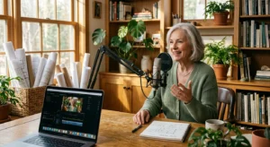 A retired female architect records an online course at her sunlit home desk with a microphone and laptop.