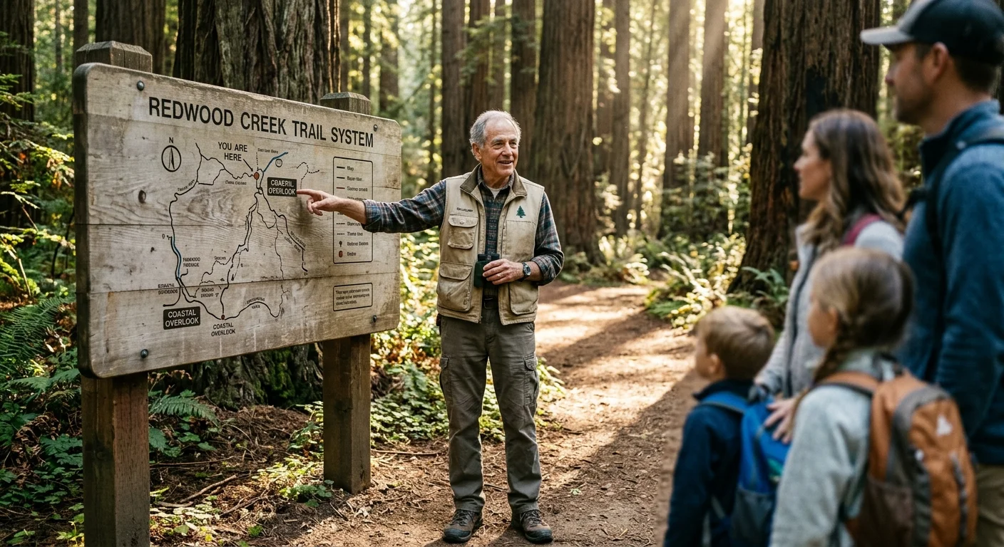 A retired male park guide in a beige volunteer vest points out a trail route on a wooden map to visitors in a sunlit redwood forest.