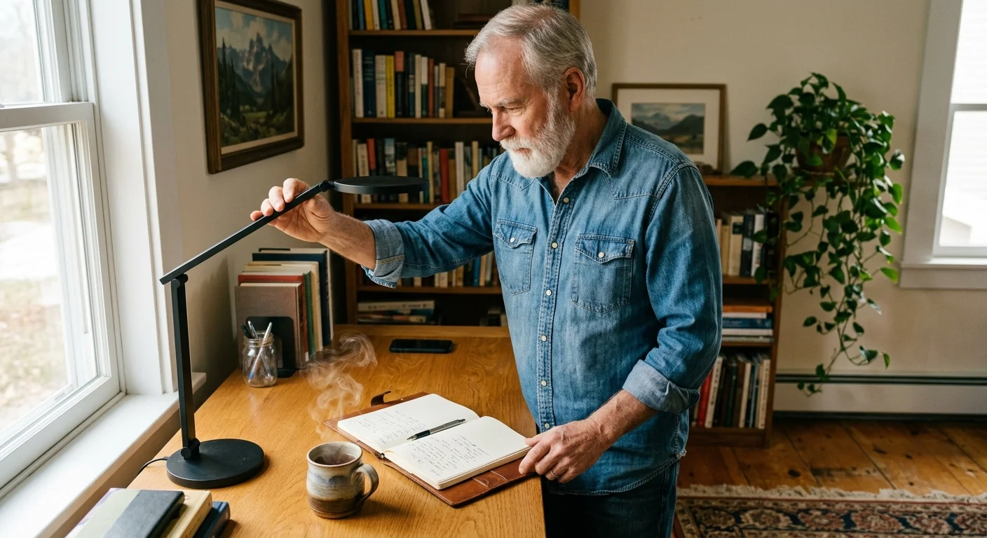 A retired man adjusting a desk lamp in his cozy home office, preparing his workspace.