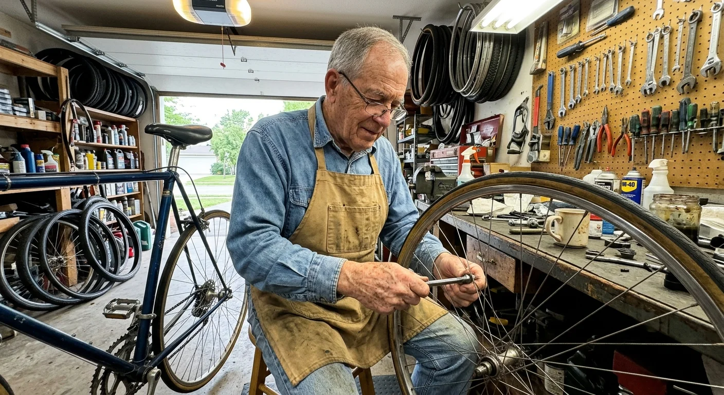 A retired man in a utility apron repairs a vintage bicycle wheel inside his detailed, well-organized home garage.