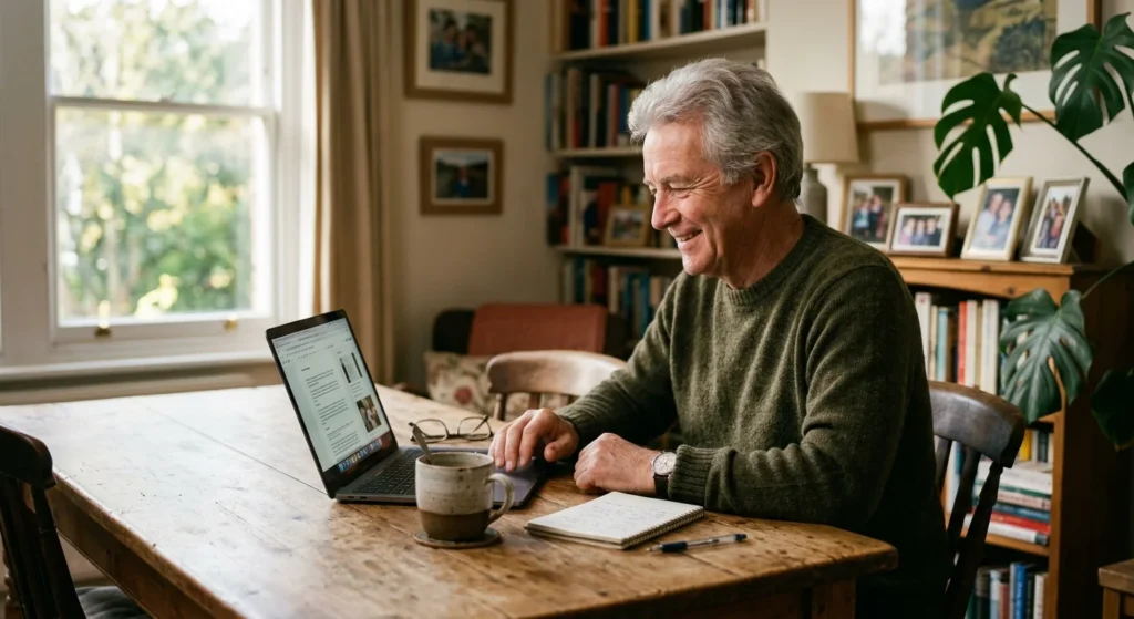 A retired man in his mid-60s working happily on his laptop at a wooden table in his sunlit, cozy home living room.