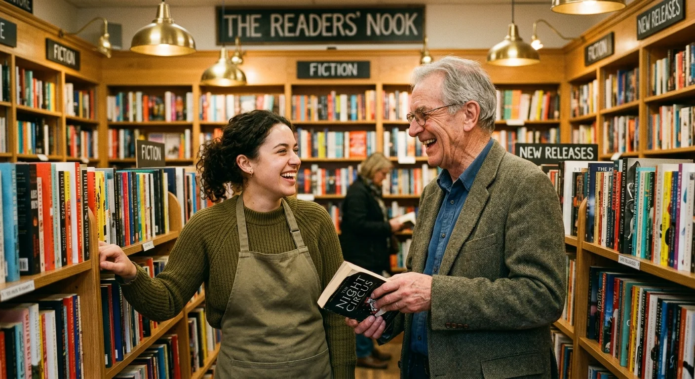 A retired man laughing with a younger colleague while organizing books on a shelf in a warm, cozy bookstore.
