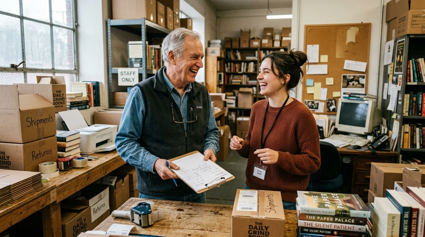 A retired man laughing with a younger coworker while coordinating shipments in a warm bookstore.