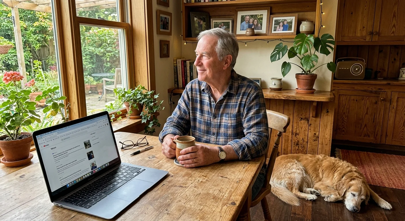A retired man sitting at his kitchen table with a laptop, looking relaxed and happy next to his sleeping dog.