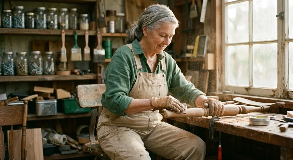 A retired woman happily sands a vintage wooden chair in her sun-drenched backyard workshop, surrounded by classic hand tools.