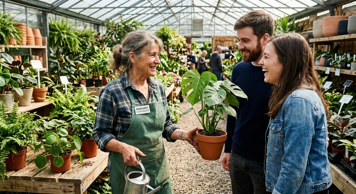 A retired woman in a green apron happily helping a young couple select plants inside a sunlit nursery greenhouse.