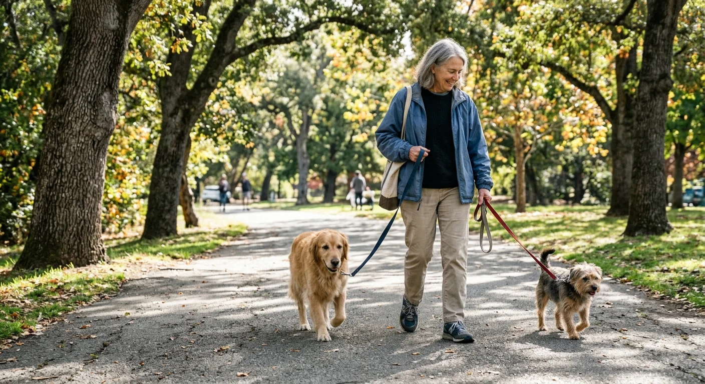 A retired woman in her early 70s smiling while walking two happy dogs on a sunny neighborhood park trail.