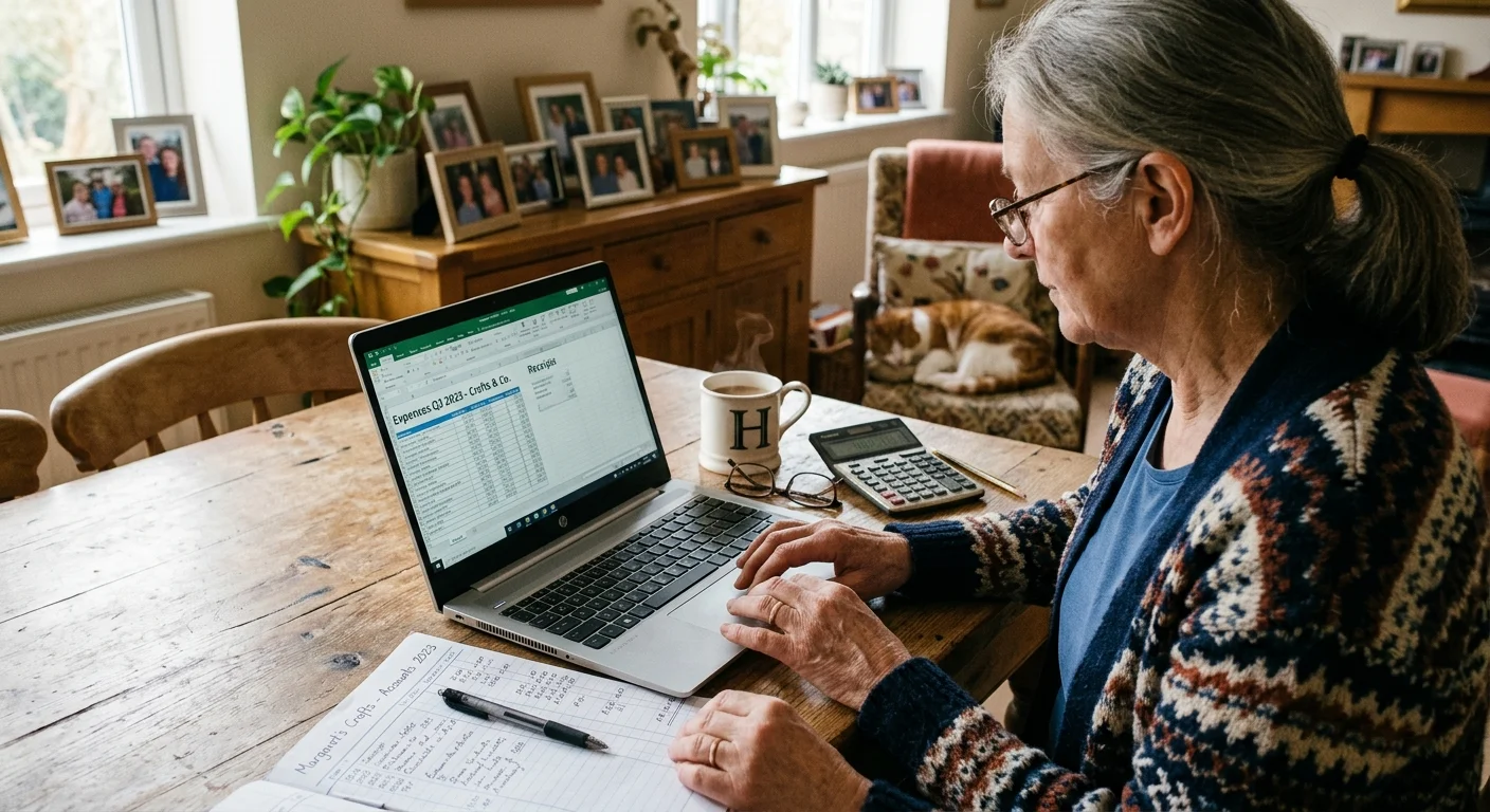 A retired woman sits at her kitchen table organizing business paperwork and tax receipts next to a laptop.