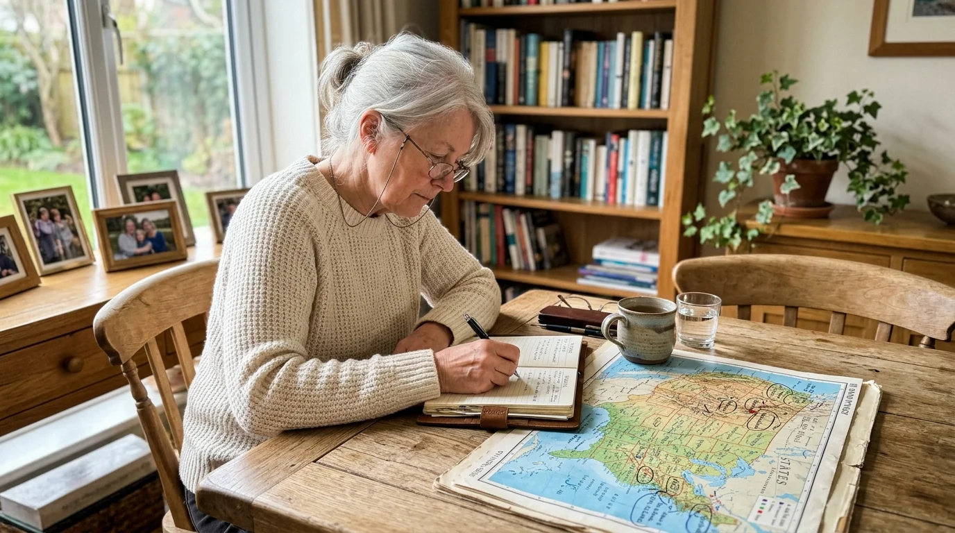 A retired woman sitting at her sunlit dining table, studying a map of the US and taking notes.
