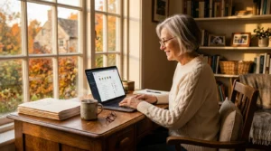 A retired woman working happily from her warm, sunlit home office during autumn.