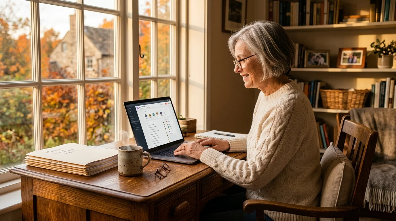 A retired woman working happily from her warm, sunlit home office during autumn.