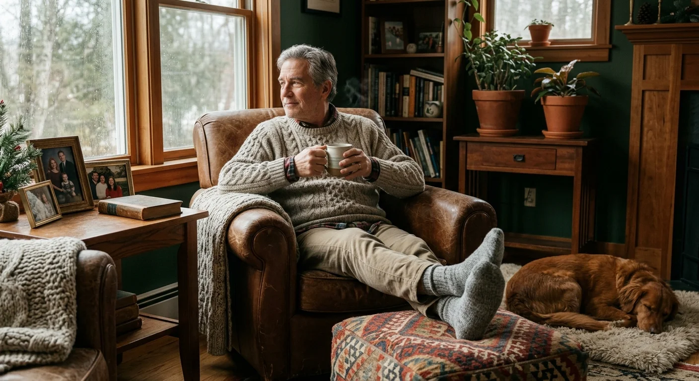 A retiree relaxes in a cozy armchair at home with a cup of tea, resting his feet after a day of work.