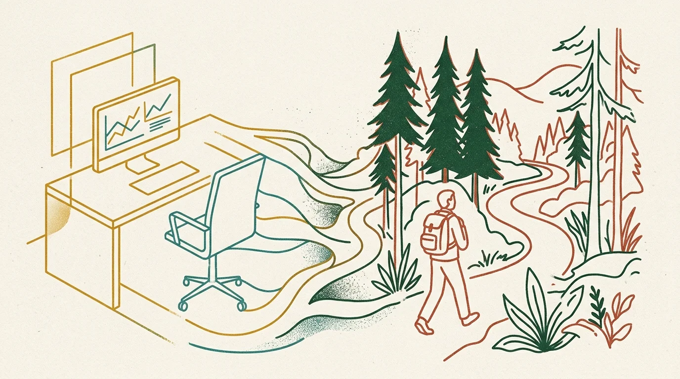 A risograph illustration showing a sleek office desk morphing into a winding forest trail, symbolizing the transition to outdoor retirement 