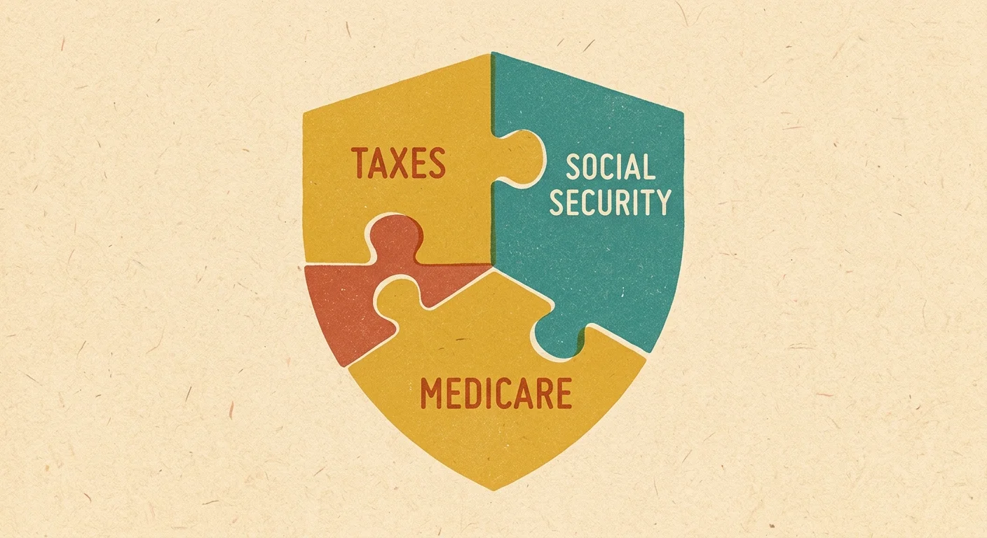 A screenprint illustration of three interlocking puzzle pieces labeled Taxes, Social Security, and Medicare forming a shield.