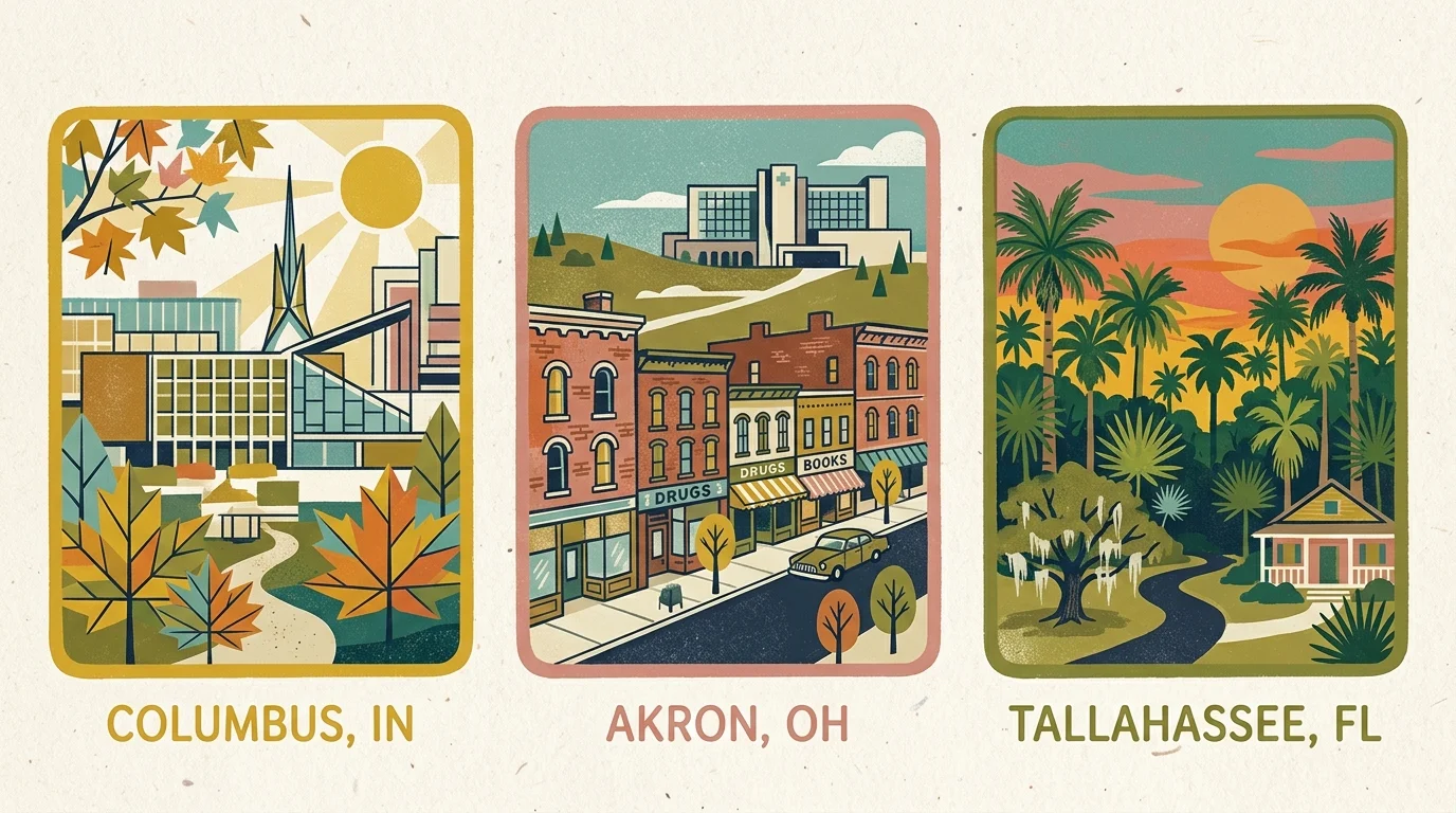 A screenprint-style illustration depicting iconic, stylized landmarks of Columbus, Akron, and Tallahassee side by side.