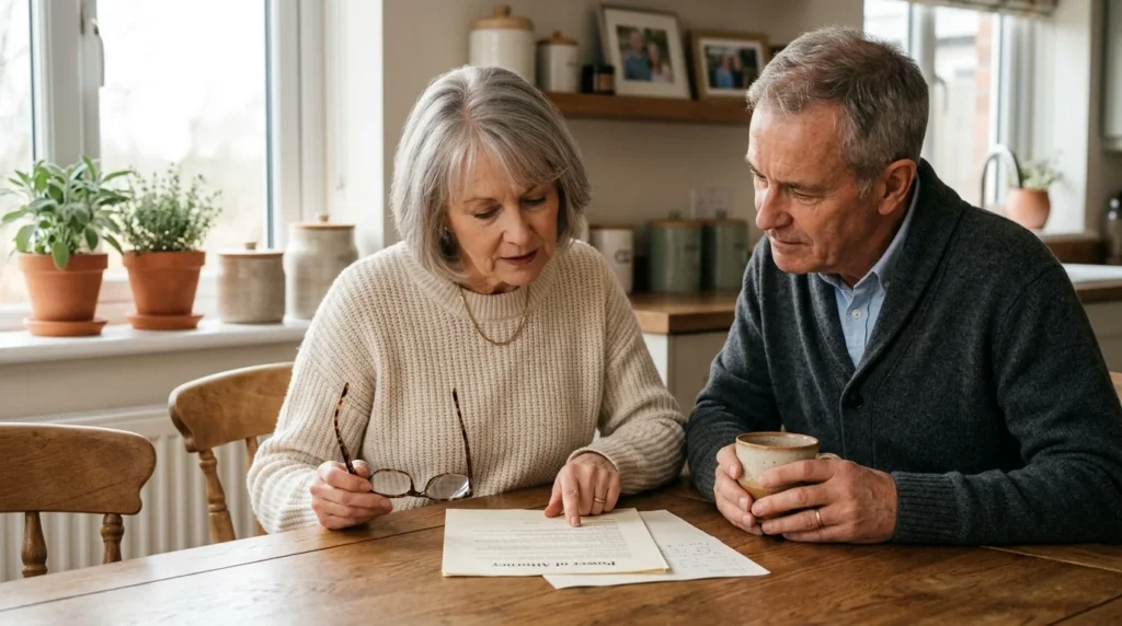 A senior couple sitting at a wooden table reviewing a Power of Attorney document together in warm morning light.