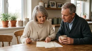 A senior couple sitting at a wooden table reviewing a Power of Attorney document together in warm morning light.