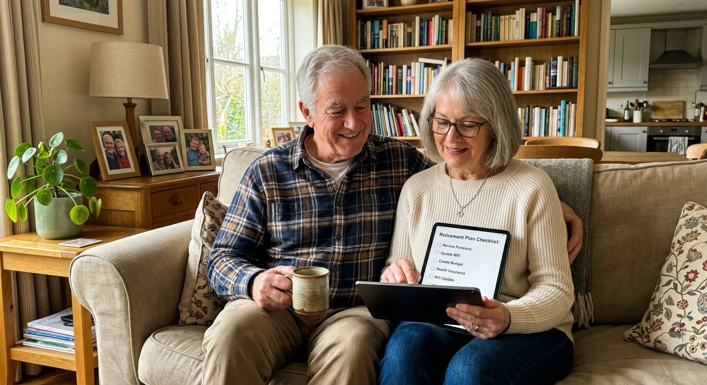 A senior couple sitting together on a comfortable couch, casually reviewing their retirement planning options on a tablet.