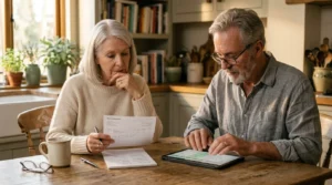 A senior couple thoughtfully plans their retirement finances at a warm kitchen table during golden hour.