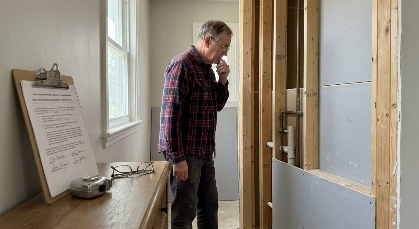 Older man in a plaid shirt looking thoughtfully at unfinished bathroom plumbing and drywall studs.