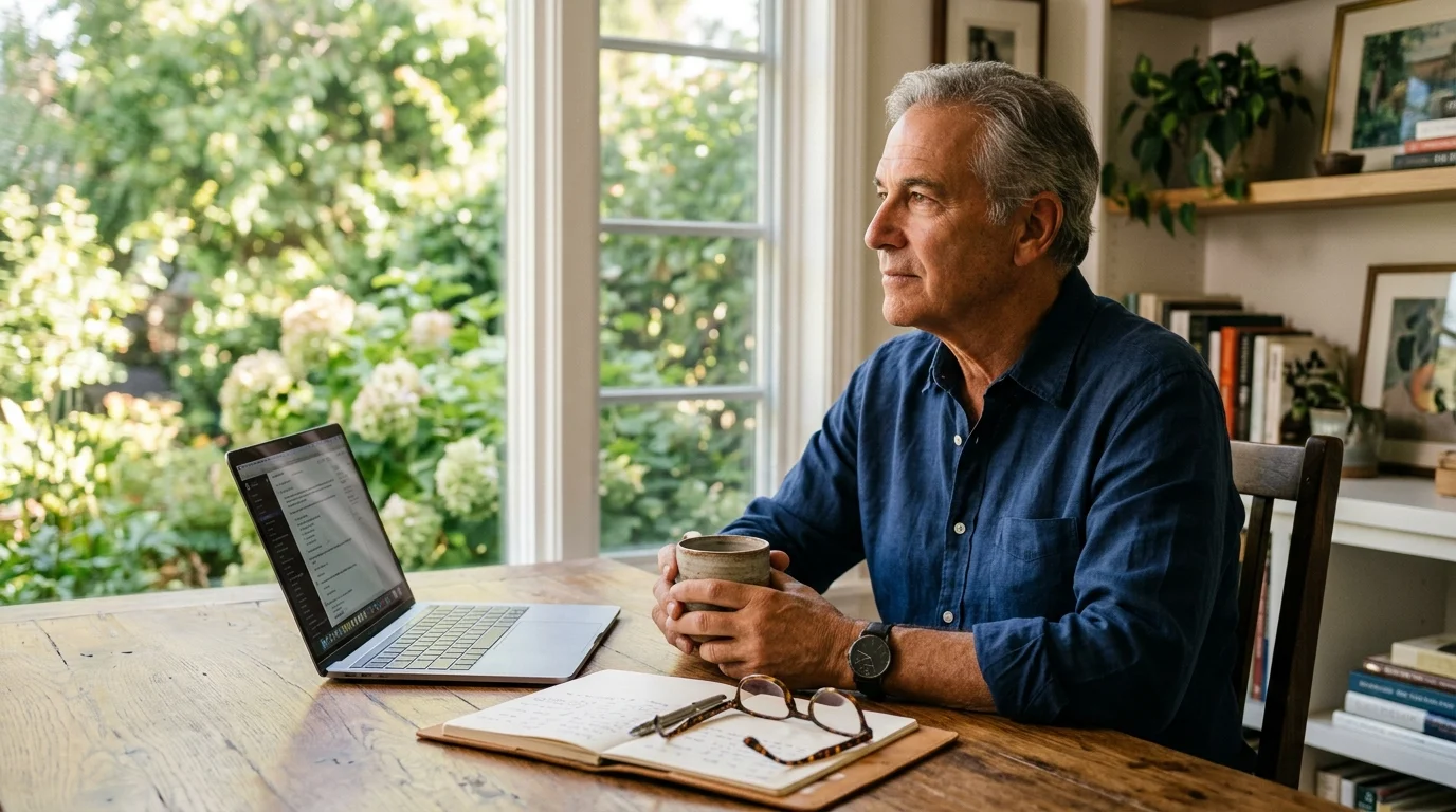 A senior male consultant in his late 60s smiles thoughtfully in his sunlit home office, holding a mug next to his laptop.