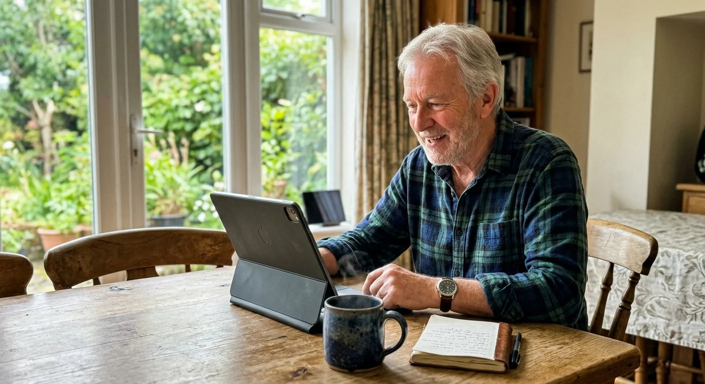 A senior man in a flannel shirt smiling while having a conversation over a tablet at his dining table.
