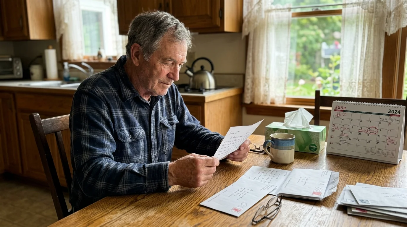 A senior man sitting at a cluttered kitchen table carefully reading an official letter in the warm morning light.
