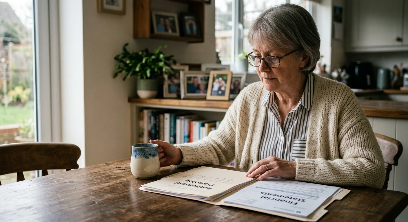 A senior woman in a knit cardigan sits at a sunny kitchen table thoughtfully reviewing two folders of retirement documents.