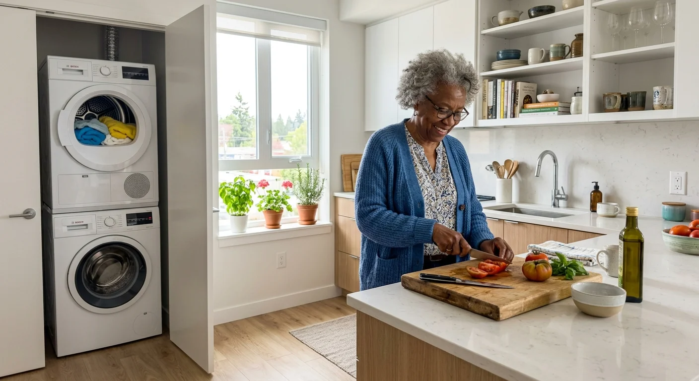 A senior woman preparing fresh food in her bright, modern apartment kitchen with an in-unit laundry closet visible in the background.