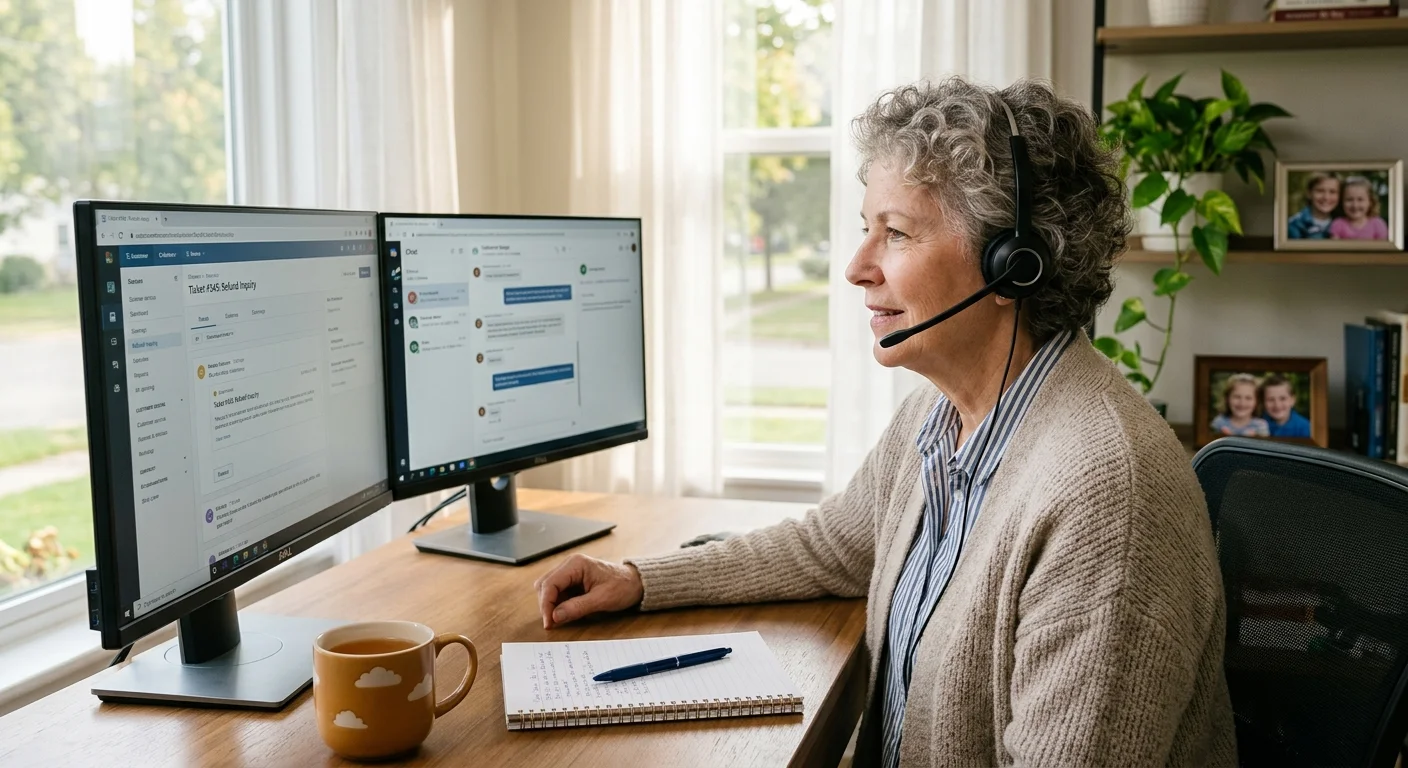 Senior woman with a headset working at a home desk with dual monitors, a notebook, and a mug by a bright window.
