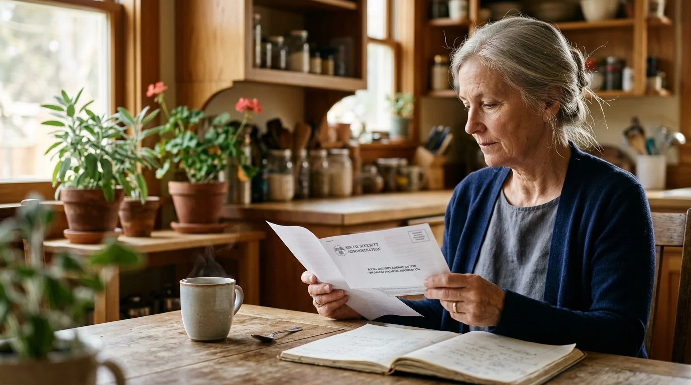 A senior woman sitting at a rustic wooden table reading a Social Security Administration document in her kitchen.