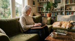 A senior woman typing on a laptop while relaxing on a cozy living room couch with her dog.