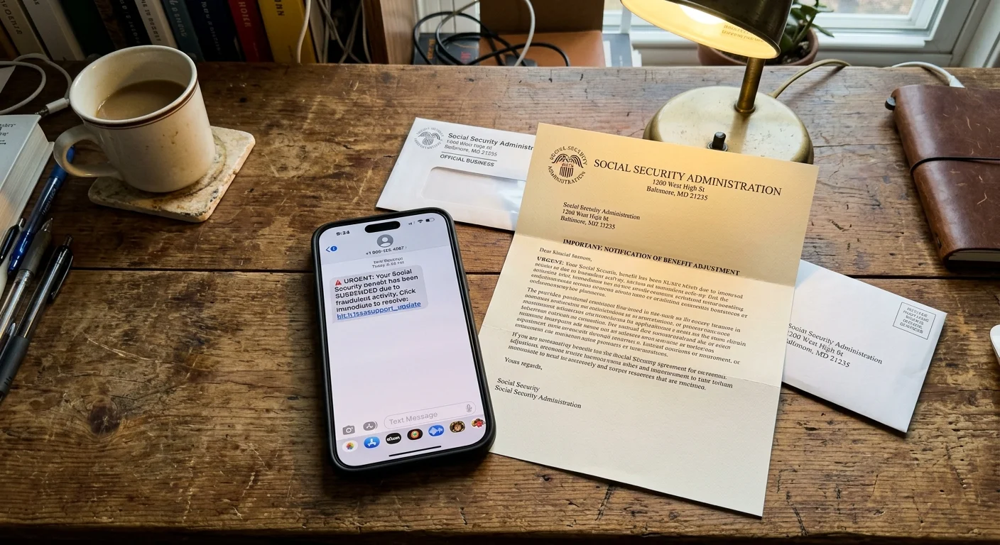 A smartphone displaying a suspicious alert message next to an official Social Security letter on a wooden desk.