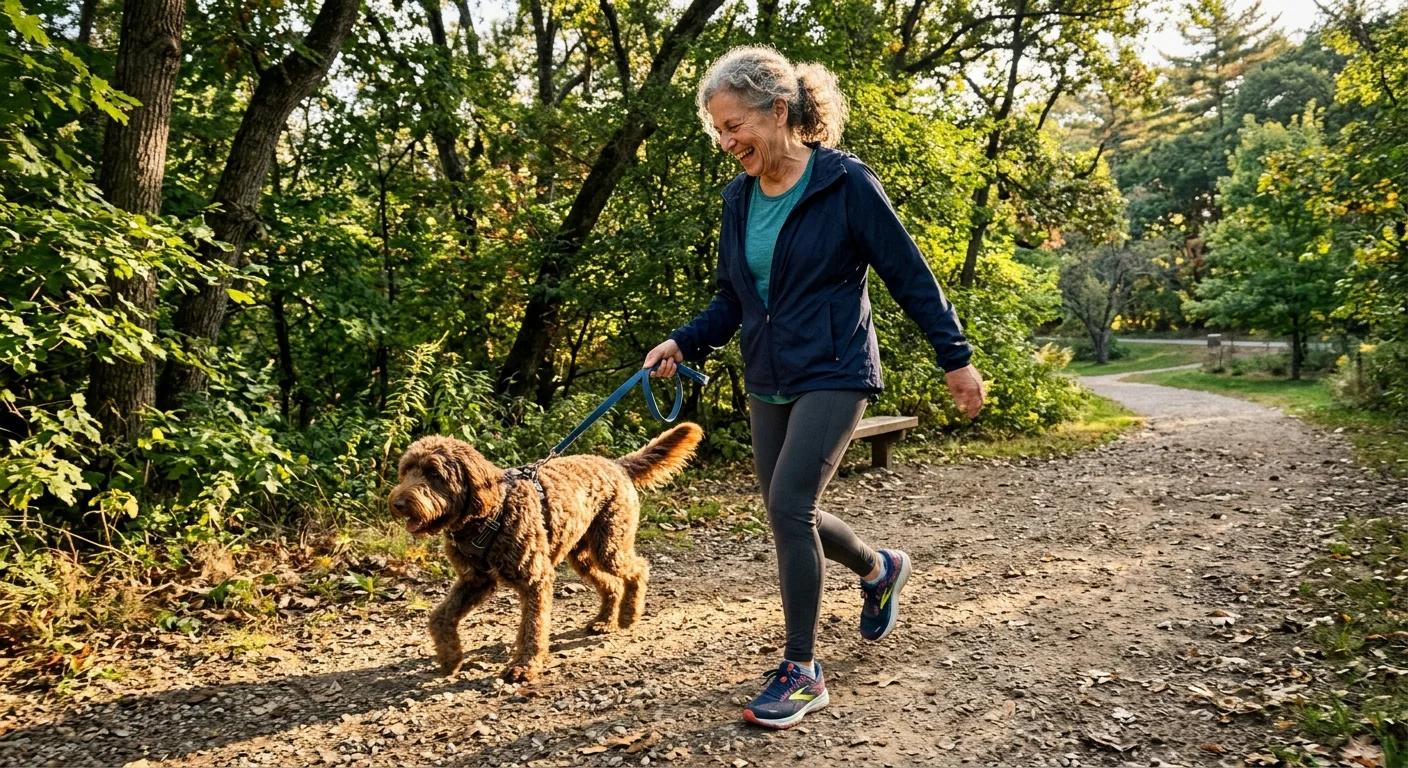 A smiling retired woman in walking gear walks a happy labradoodle along a sun-dappled park path.