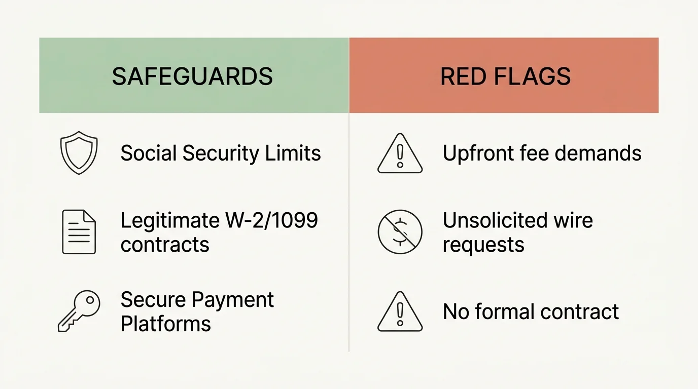 A split-screen comparison diagram outlining remote job safeguards on the left and red flag warnings on the right.