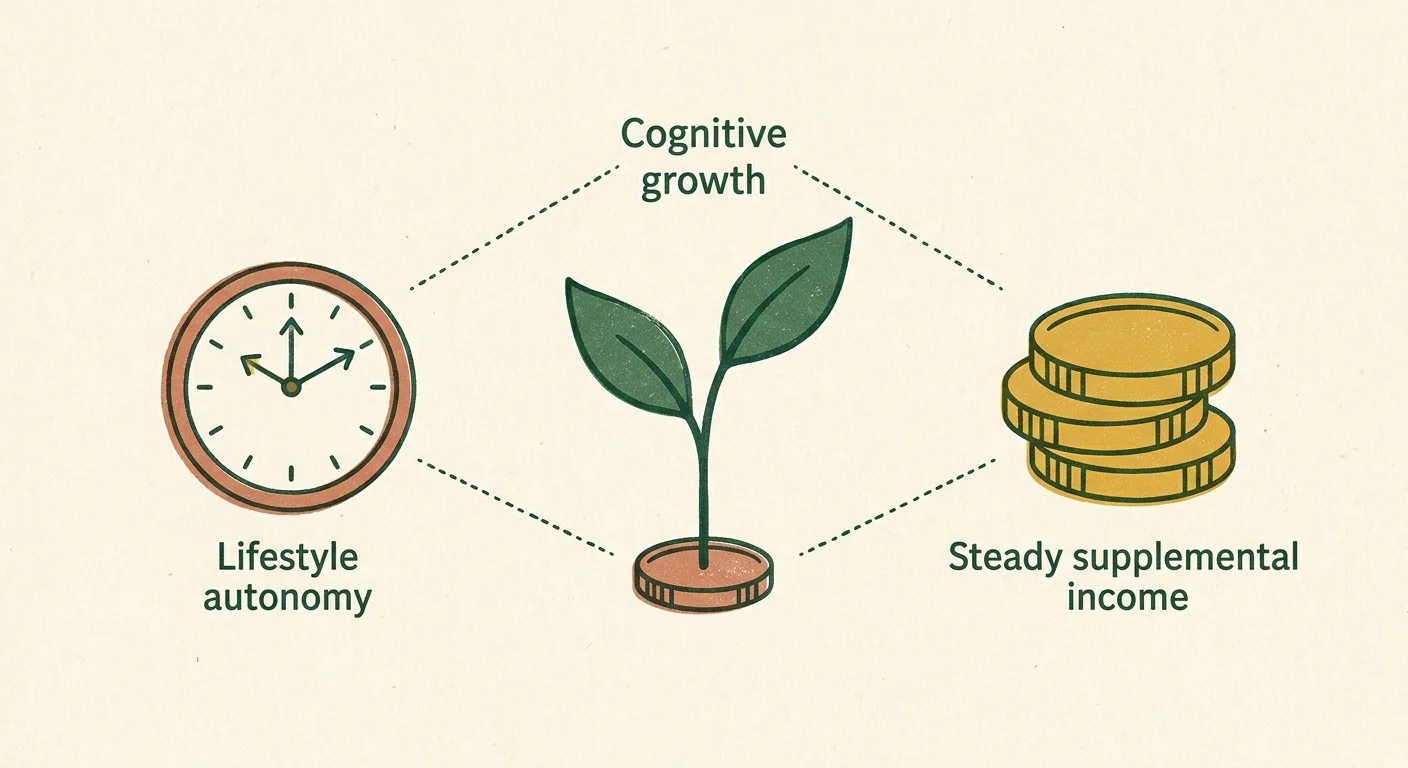 A stylized graphic illustration showing the balance of income, personal freedom, and brain health in retirement.