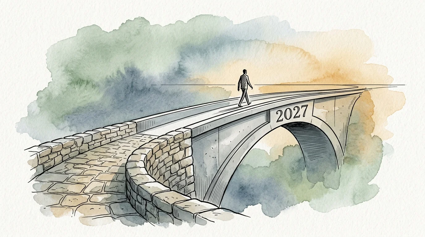 A stylized ink and watercolor illustration of a path crossing a bridge marked '2027', symbolizing a major turning point.
