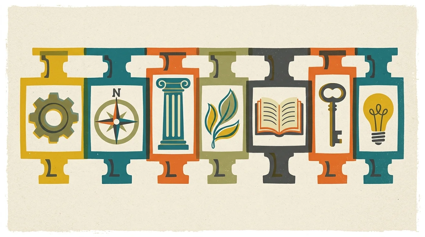 A stylized screenprint illustration of a modular shelf containing seven distinct icons representing consulting niches.