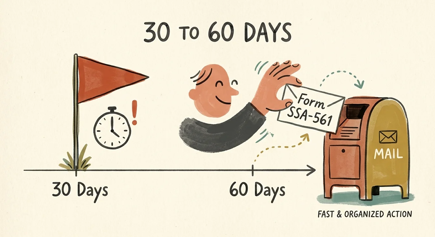 A stylized timeline illustration highlighting key 30-day and 60-day deadlines with a Form SSA-561 submission.