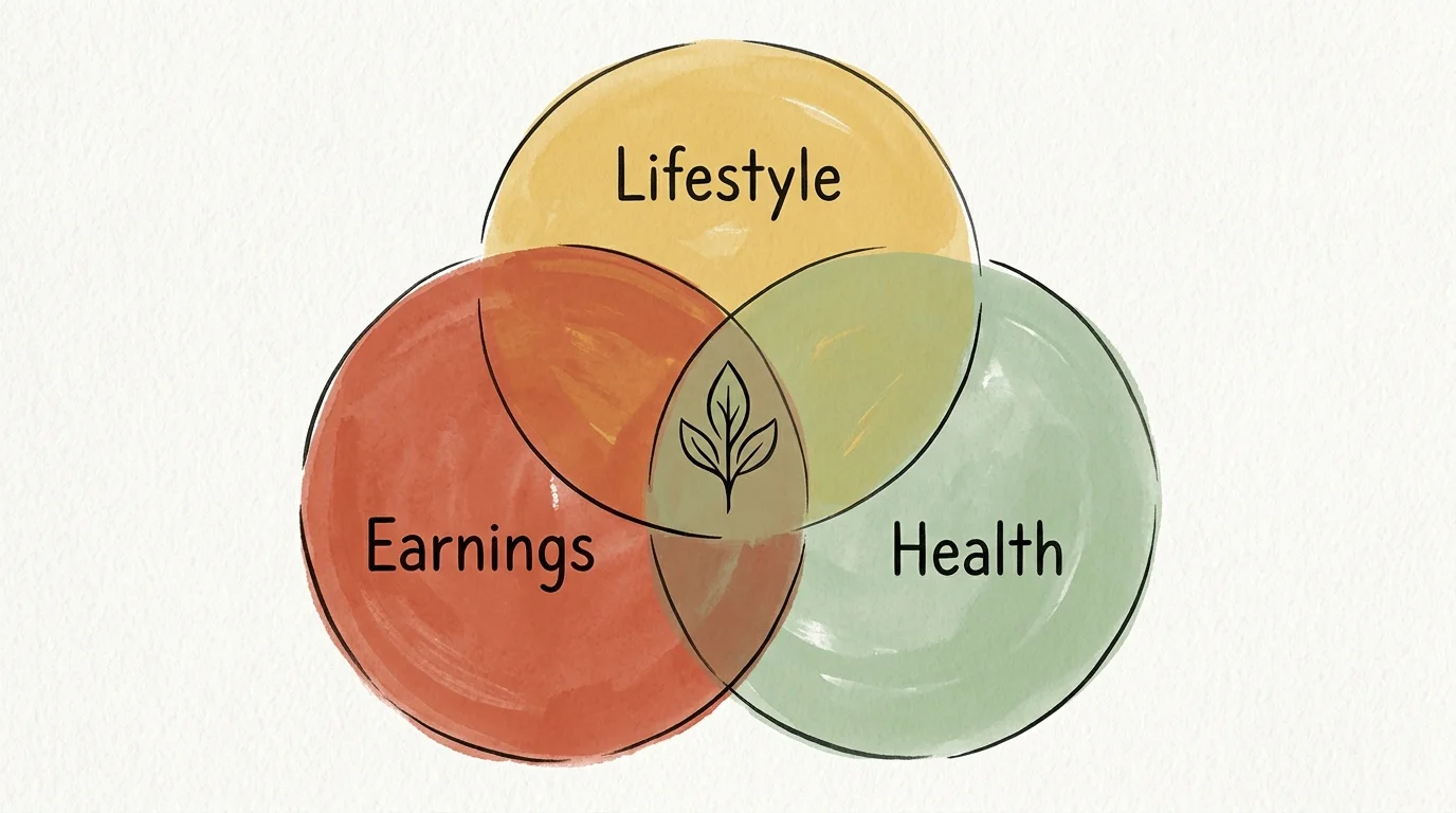 A stylized Venn diagram showing the balance between Earnings, Lifestyle, and Health in retirement.