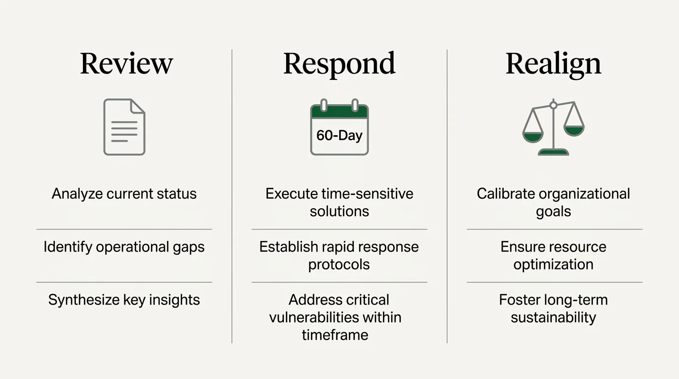 A three-panel horizontal infographic illustrating the strategy pillars: Review, Respond, and Realign.