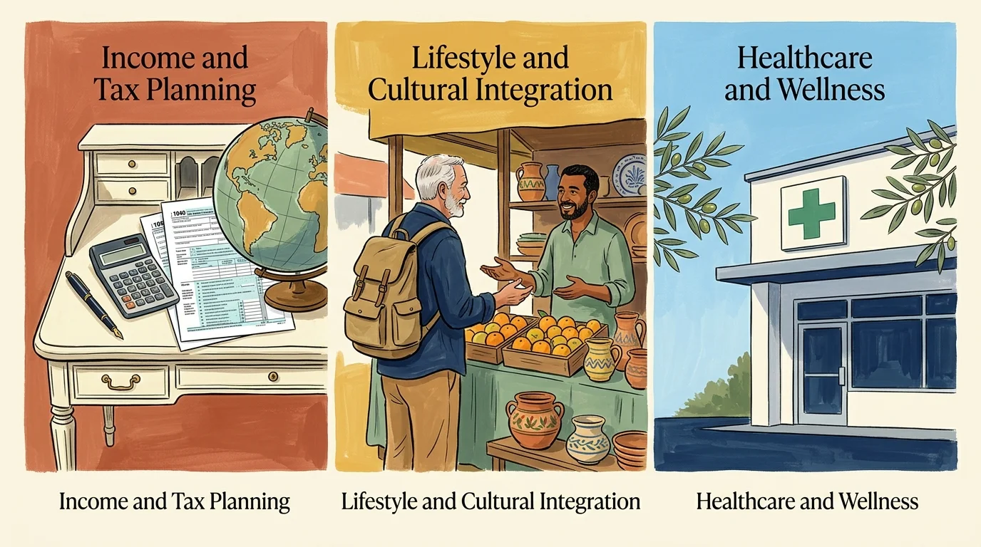 A three-panel mid-century gouache illustration representing the three pillars of retiring abroad: finance, culture, and healthcare.