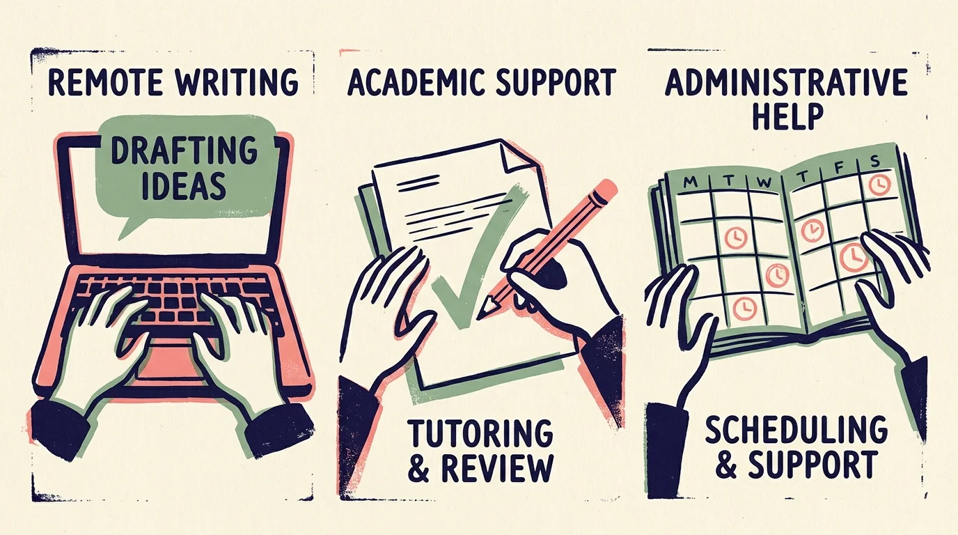 A three-panel screenprint illustration showing hands engaged in different remote tasks: typing, tutoring, and organizing.