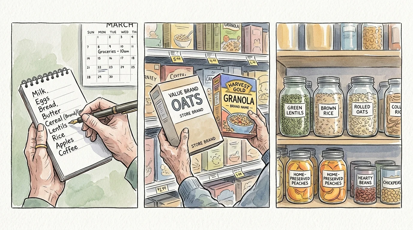 A three-panel watercolor illustration showing a written grocery list, comparing store brands, and an organized pantry shelf.