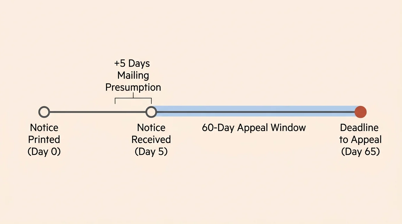 A timeline diagram showing the 5-day mailing presumption and the 60-day appeal window, ending at 65 days from the print date.