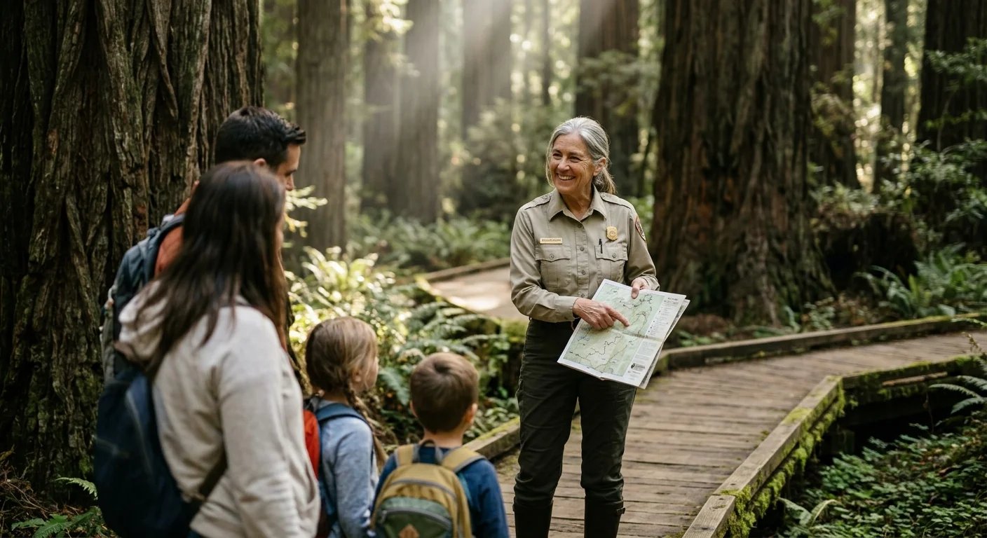 A warm, candid photograph of an older female park volunteer showing a trail map to visitors under giant redwood trees in morning light.